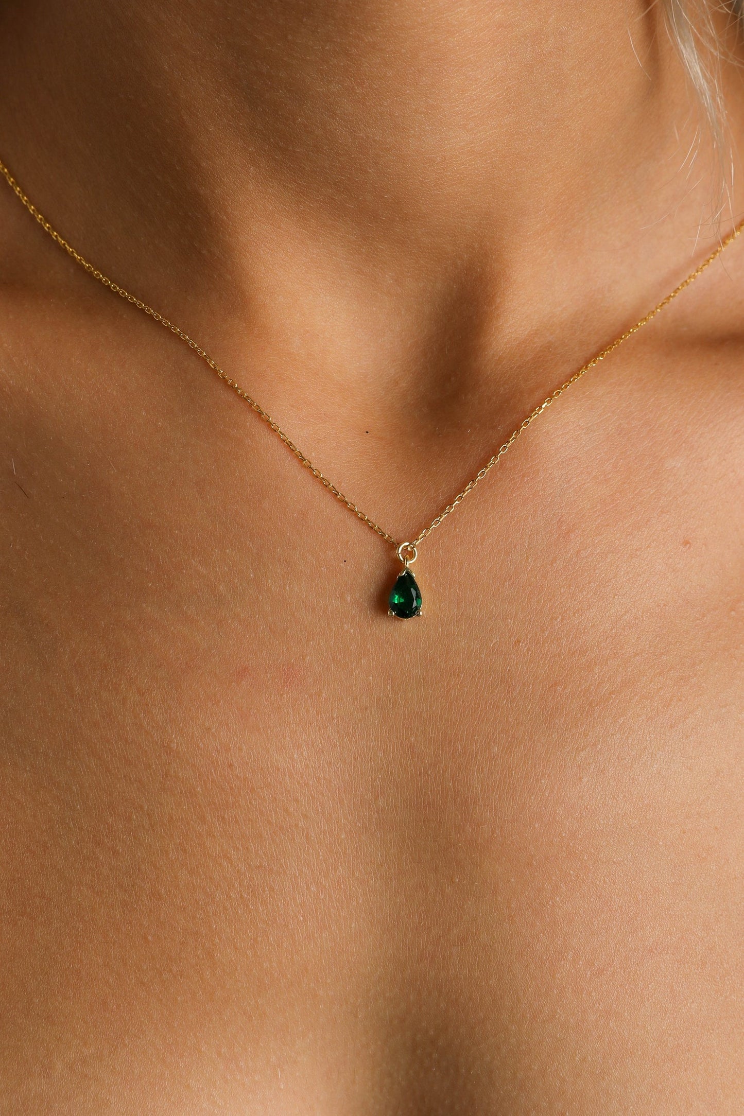 Emerald Green Necklace, May Birthstone Pendant, Gold Filled Emerald Necklace, Tiny Silver Teardrop Emerald Choker Necklace