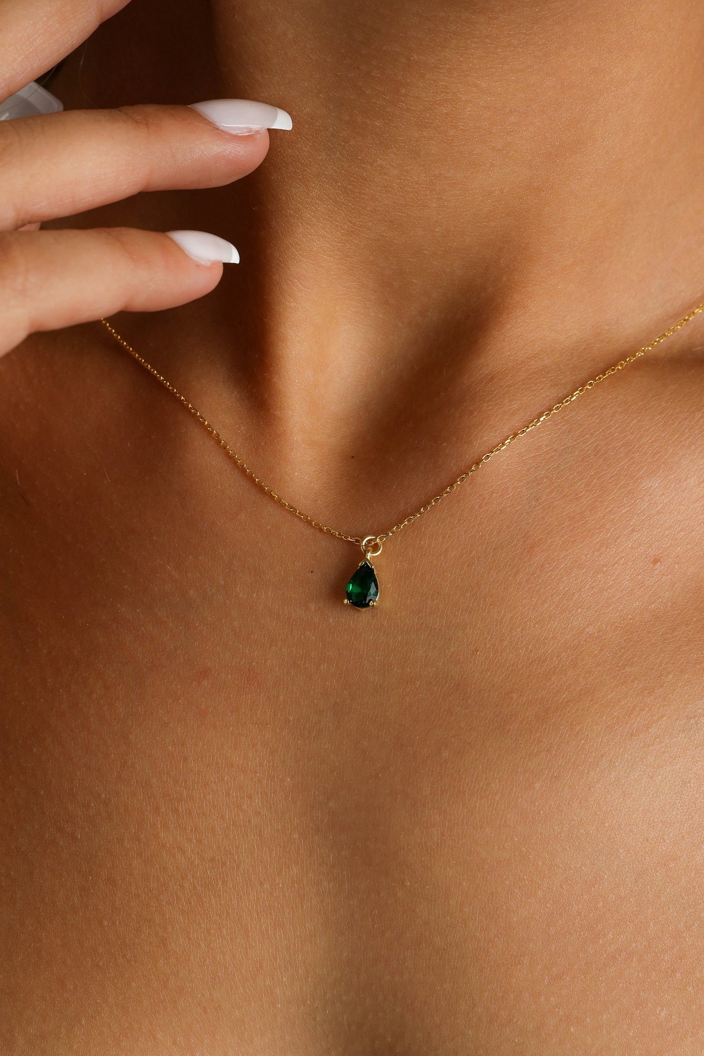 Emerald Green Necklace, May Birthstone Pendant, Gold Filled Emerald Necklace, Tiny Silver Teardrop Emerald Choker Necklace