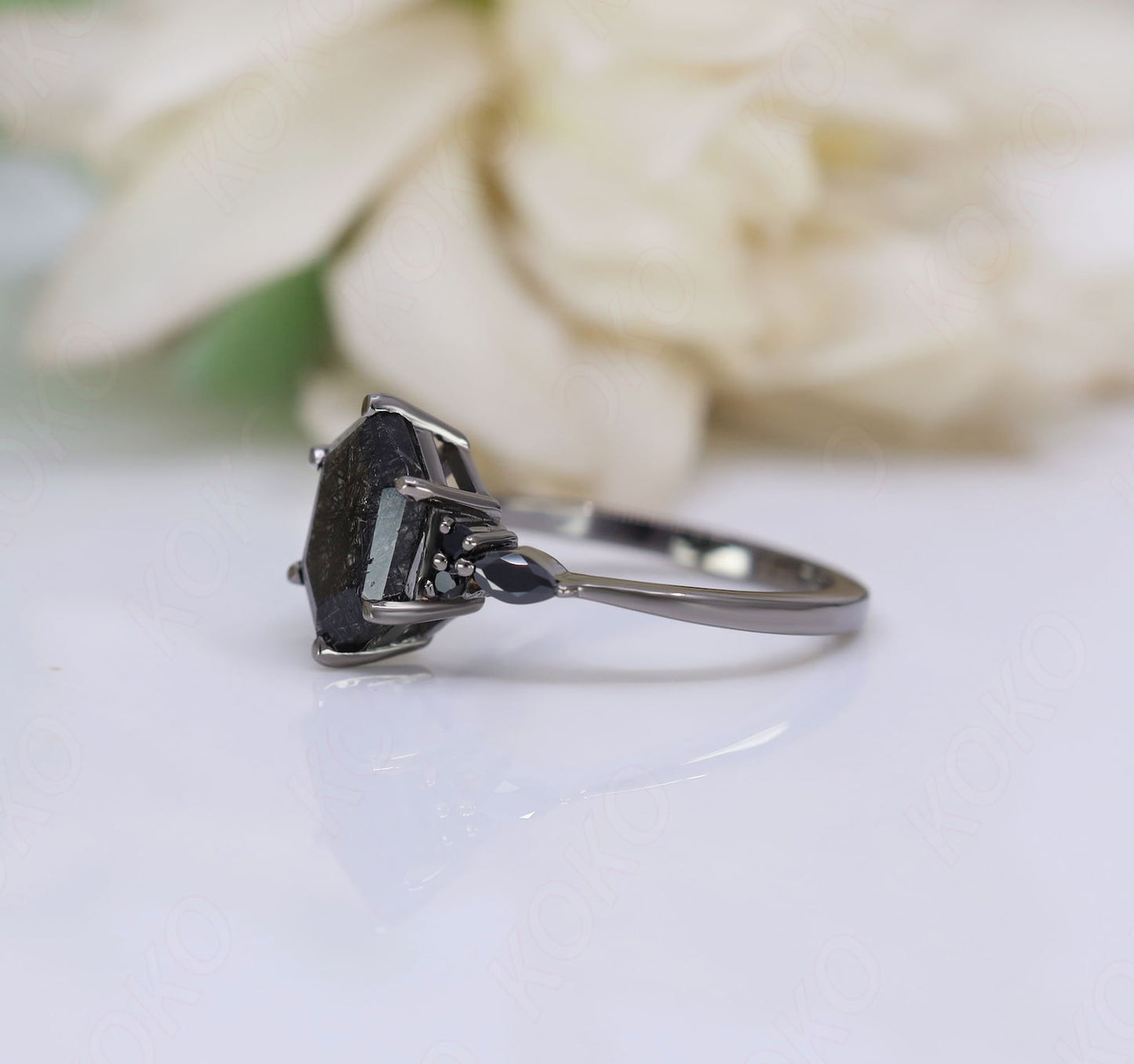 Hexagon Natural Black Rutile Gemstone Anniversary Bridal Ring Beautiful 925 Black Rhodium Engagement Solitaire Women Promise Birthday Gift