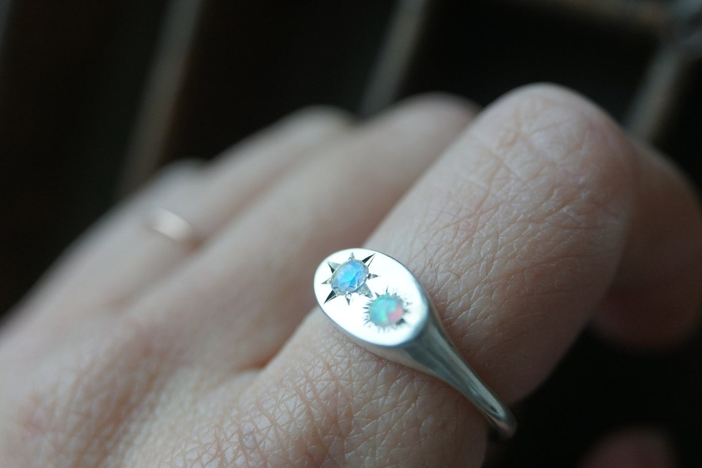 Custom Silver Birthstone Signet Ring, 925 Silver Birthstone Ring, Gemstone ring, Celestial Ring, Gift for her { Binarystar Birthstone Ring}