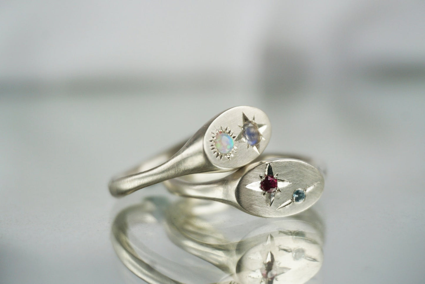 Custom Silver Birthstone Signet Ring, 925 Silver Birthstone Ring, Gemstone ring, Celestial Ring, Gift for her { Binarystar Birthstone Ring}