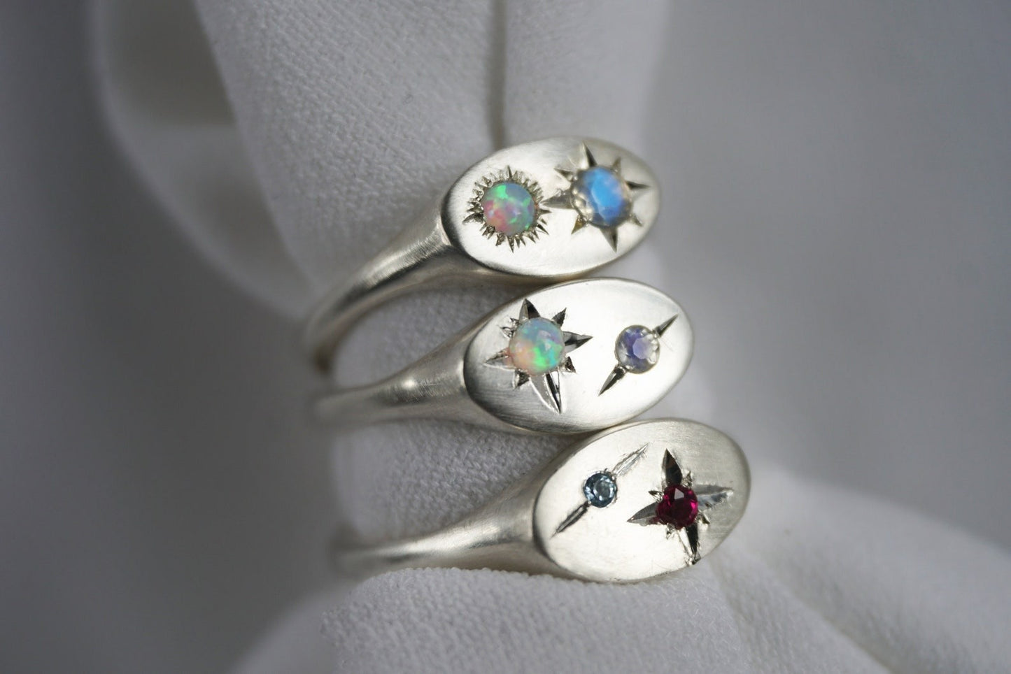 Custom Silver Birthstone Signet Ring, 925 Silver Birthstone Ring, Gemstone ring, Celestial Ring, Gift for her { Binarystar Birthstone Ring}