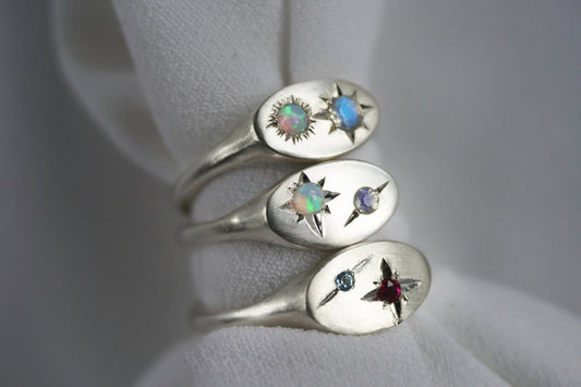 Custom Silver Birthstone Signet Ring, 925 Silver Birthstone Ring, Gemstone ring, Celestial Ring, Gift for her { Binarystar Birthstone Ring}