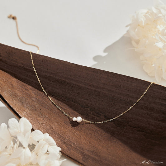 Minimalist Freshwater Pearl Necklace, Sterling Silver 2 Round Pearls Necklace, Bridesmaid Necklace, Daily Pearl Necklace, Bridesmaid Gift