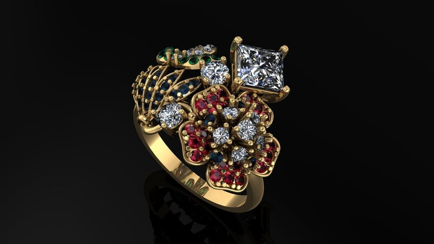 Floral Multi-Stone Ring Elegant gold ring with colorful gemstones