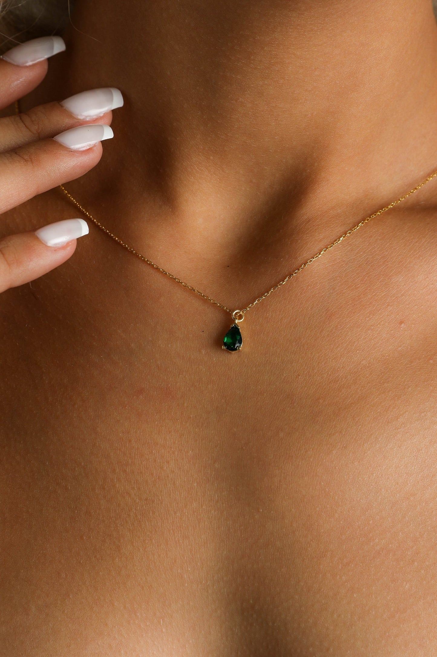 Emerald Green Necklace, May Birthstone Pendant, Gold Filled Emerald Necklace, Tiny Silver Teardrop Emerald Choker Necklace