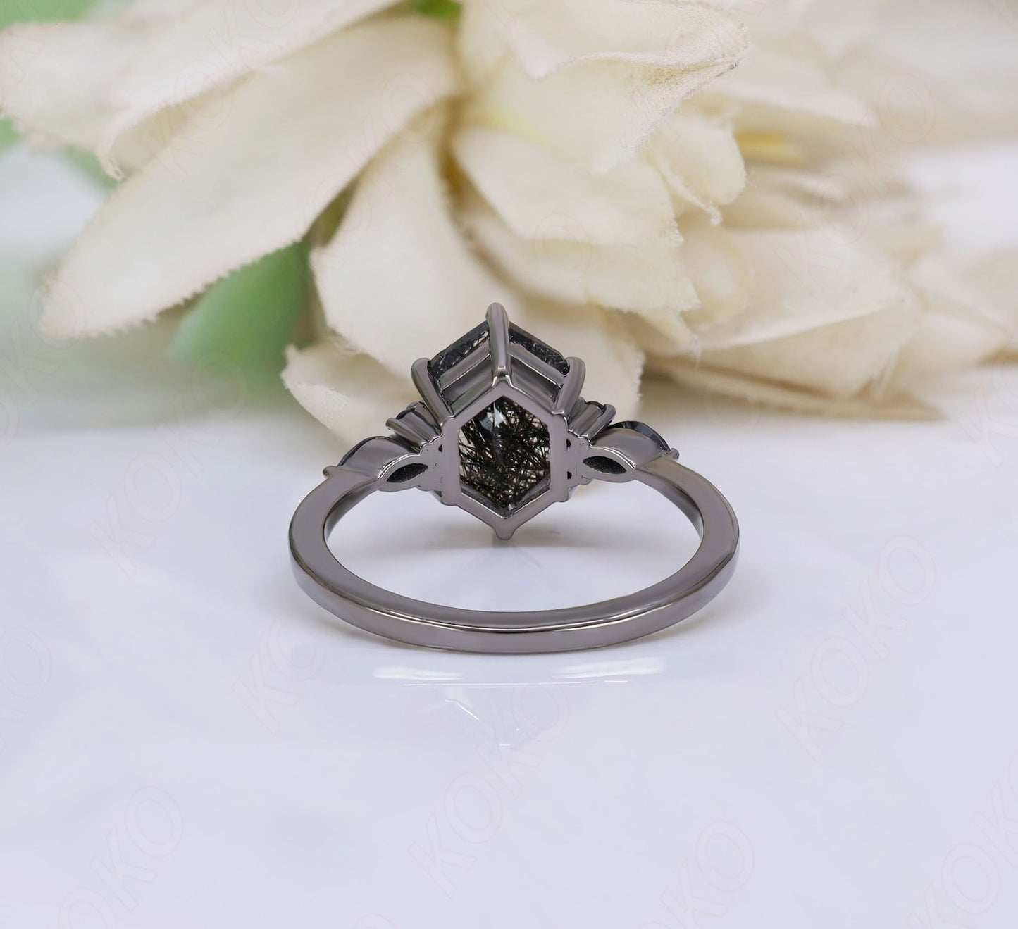 Hexagon Natural Black Rutile Gemstone Anniversary Bridal Ring Beautiful 925 Black Rhodium Engagement Solitaire Women Promise Birthday Gift