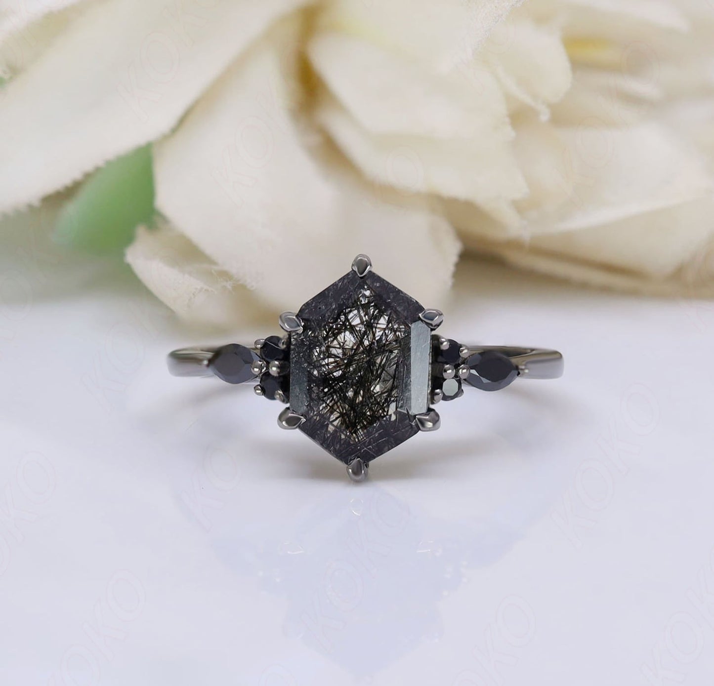 Hexagon Natural Black Rutile Gemstone Anniversary Bridal Ring Beautiful 925 Black Rhodium Engagement Solitaire Women Promise Birthday Gift