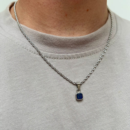 Mens Necklace - Mini Lapis Lazuli Silver Pendant Necklace For Men