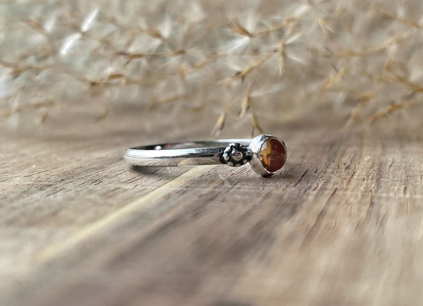 Handcrafted sterling silver floral citrine ring, handmade silver ring with natural citrine quartz and flower accents, silver gemstone ring