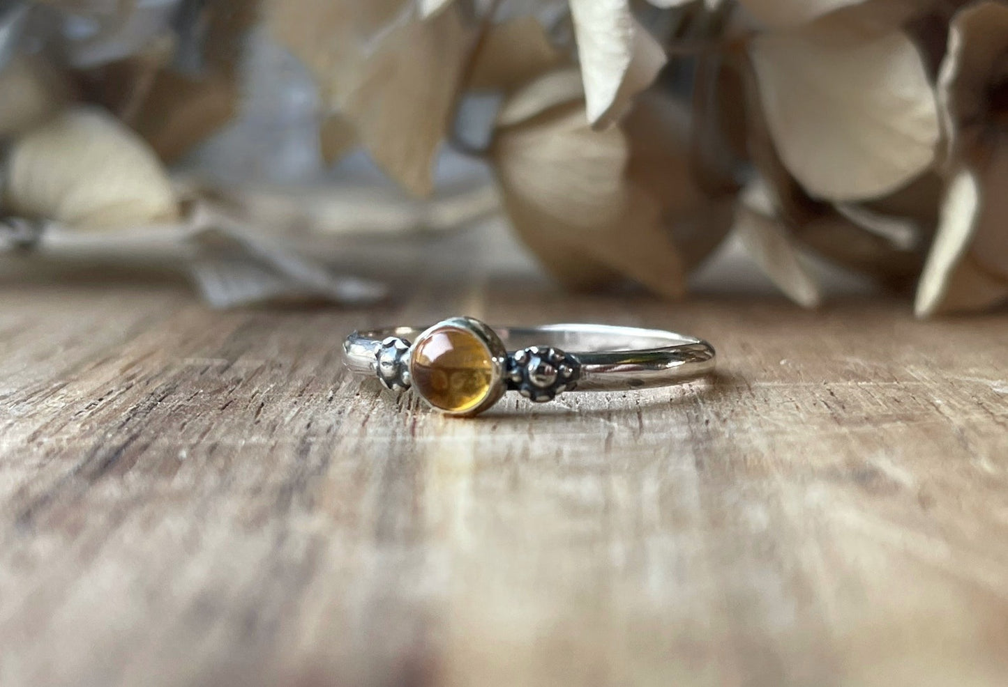 Handcrafted sterling silver floral citrine ring, handmade silver ring with natural citrine quartz and flower accents, silver gemstone ring