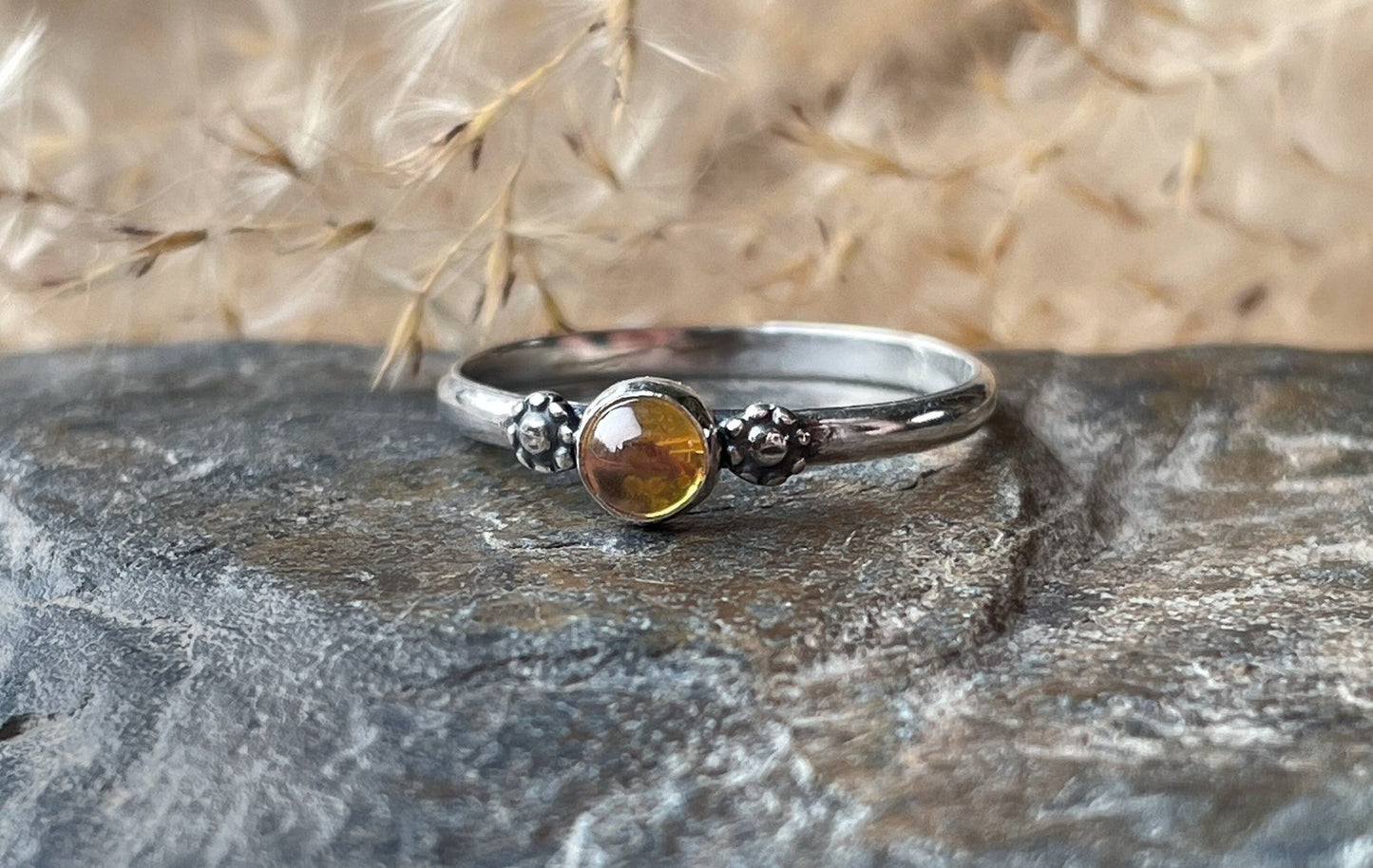 Handcrafted sterling silver floral citrine ring, handmade silver ring with natural citrine quartz and flower accents, silver gemstone ring