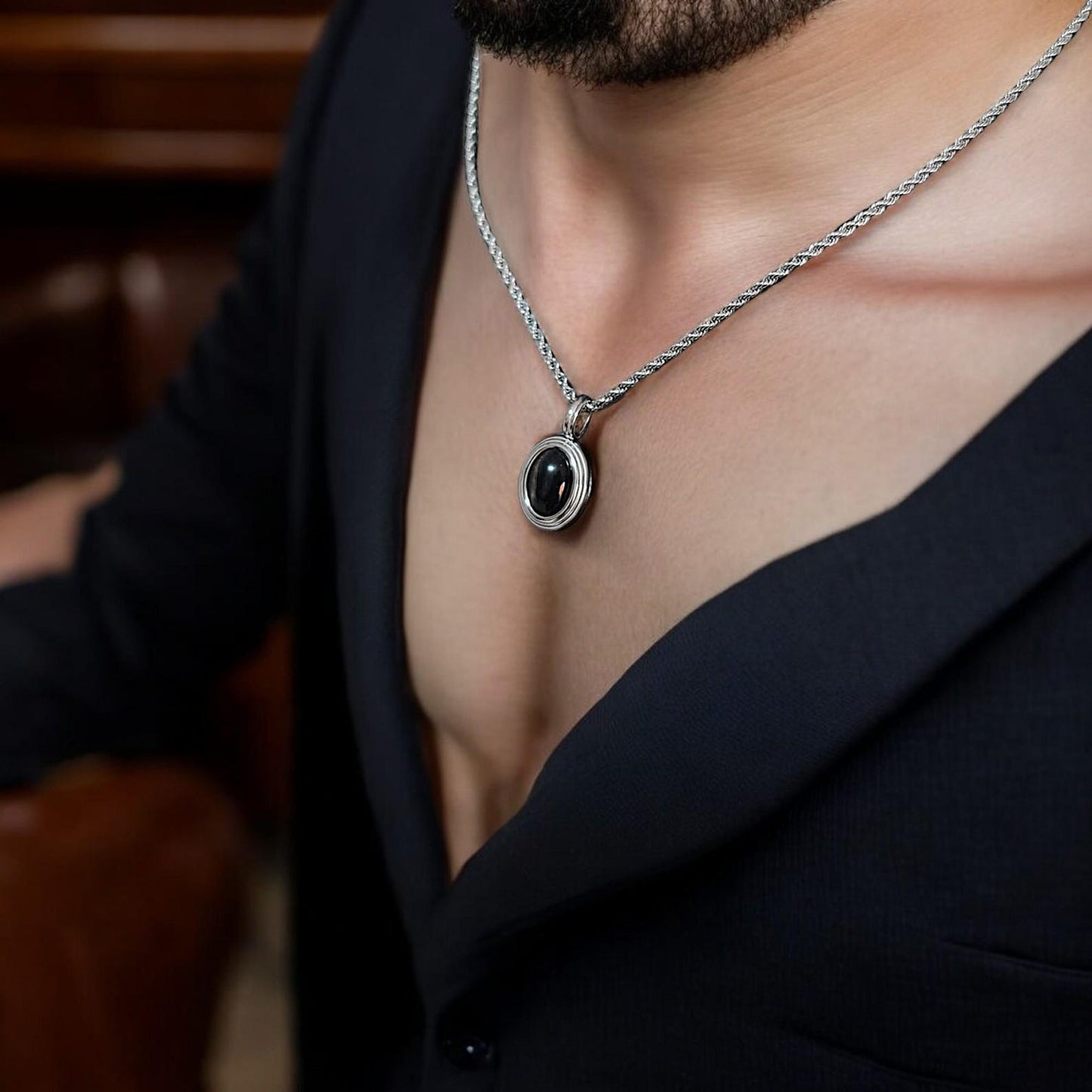 Vintage Black Onyx Pendant Necklace, Minimalist Silver-Plated Stainless Steel.