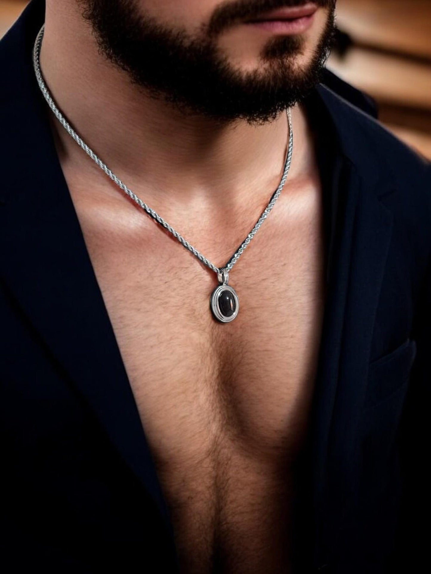 Vintage Black Onyx Pendant Necklace, Minimalist Silver-Plated Stainless Steel.